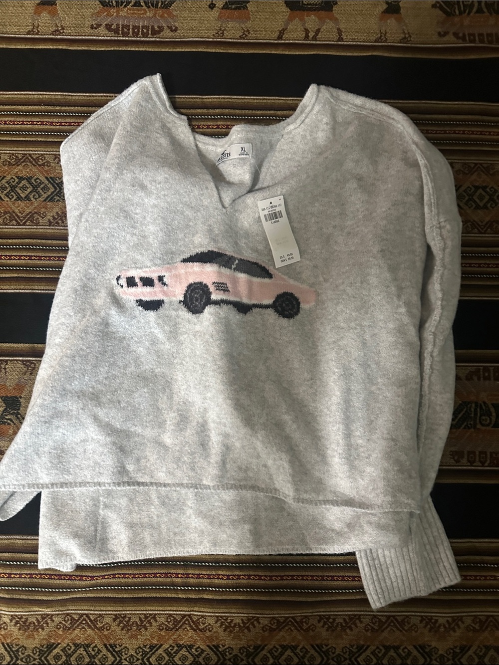 Hollister Light Gray V-Neck Sweater with Pink Car Motif